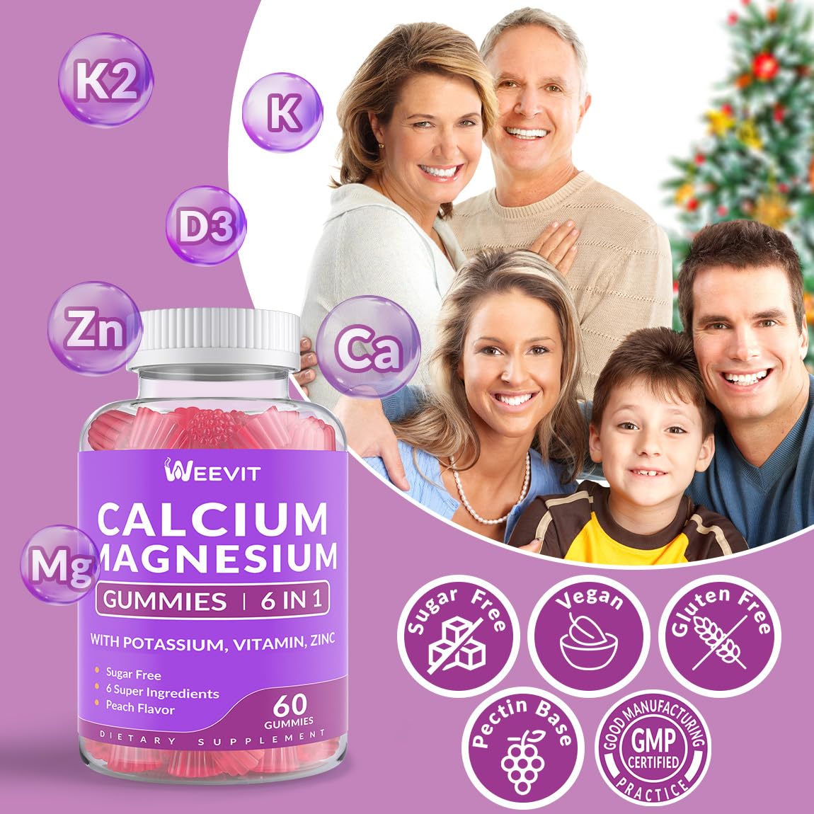 Sugar Free Calcium Gummies with Vitamin D3 & K2 – Vegan Algae Calcium, Calcium Magnesium Zinc, 2:1 Calcium:Magnesium