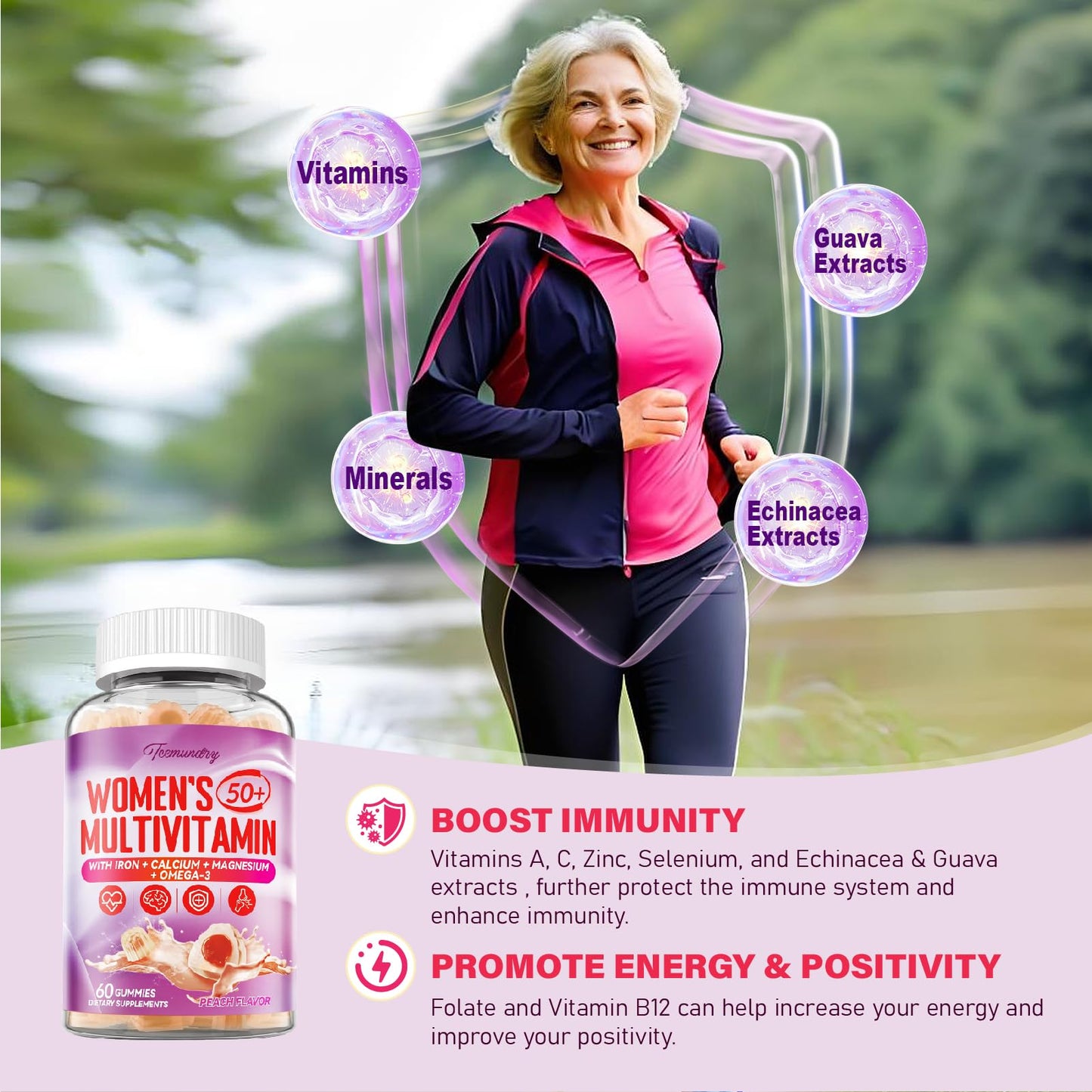 Multivitamin Gummies for Women 50+ | Omega-3, CoQ10, Iron, Calcium | Sugar Free