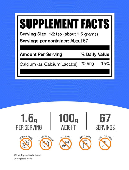 BulkSupplements Calcium Lactate Powder – Food-Grade Calcium, Gluten Free, 1.5g/Serving, Pack of 2