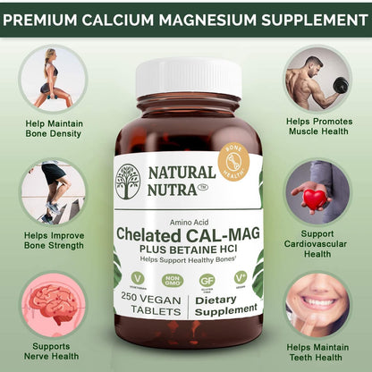Natural Nutra Chelated Calcium Magnesium 1000/500 mg - Vegan 250 Tablets