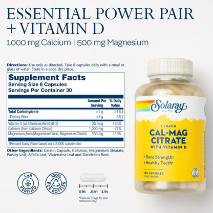 SOLARAY Calcium & Magnesium Citrate 2:1 Ratio with Vitamin D-3 - High Absorption, 180 Capsules