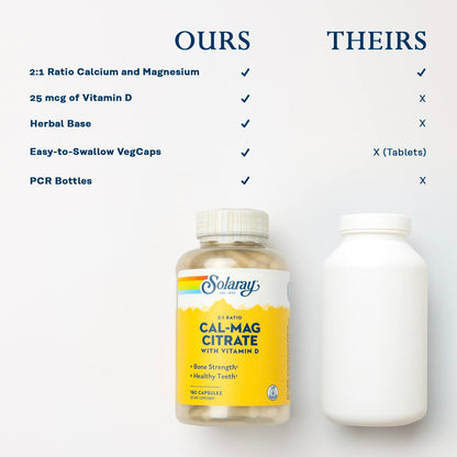 SOLARAY Calcium & Magnesium Citrate 2:1 Ratio with Vitamin D-3 - High Absorption, 180 Capsules