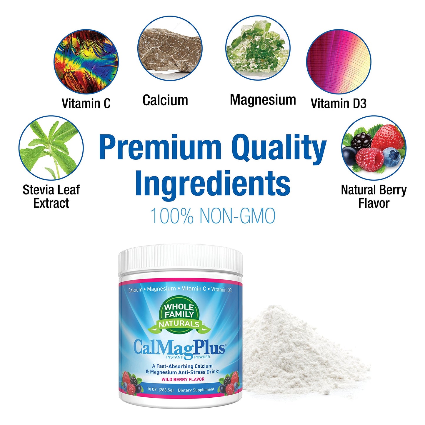Calcium Magnesium Powder Supplement – CalMag Plus with Vitamin C & D3 – Gluten Free, Non-GMO, Wild Berry