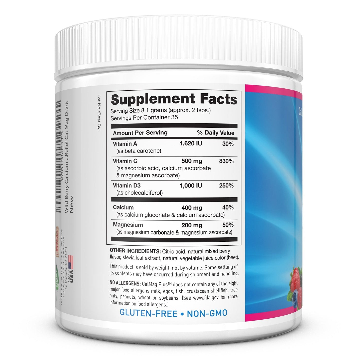 Calcium Magnesium Powder Supplement – CalMag Plus with Vitamin C & D3 – Gluten Free, Non-GMO, Wild Berry