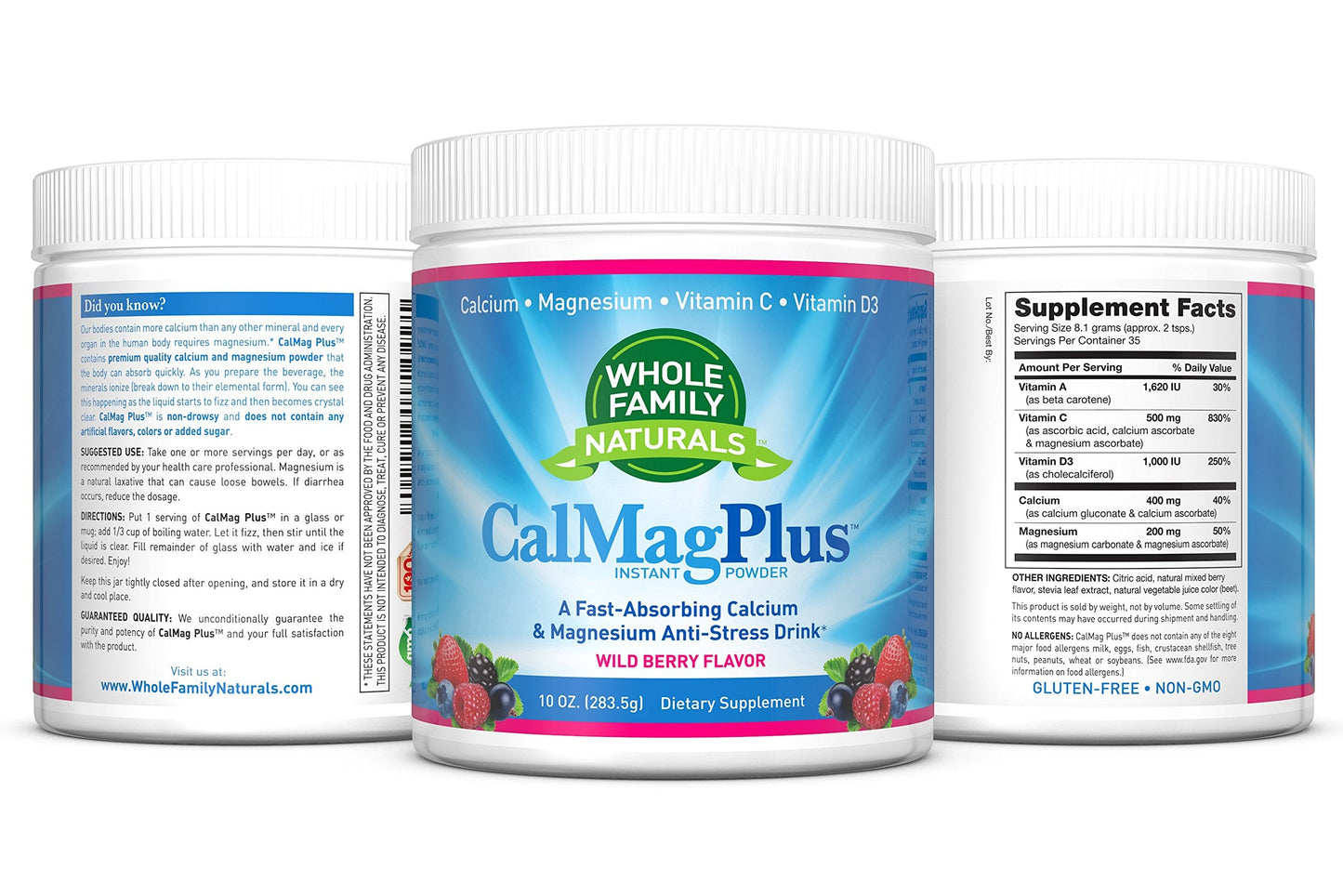Calcium Magnesium Powder Supplement – CalMag Plus with Vitamin C & D3 – Gluten Free, Non-GMO, Wild Berry