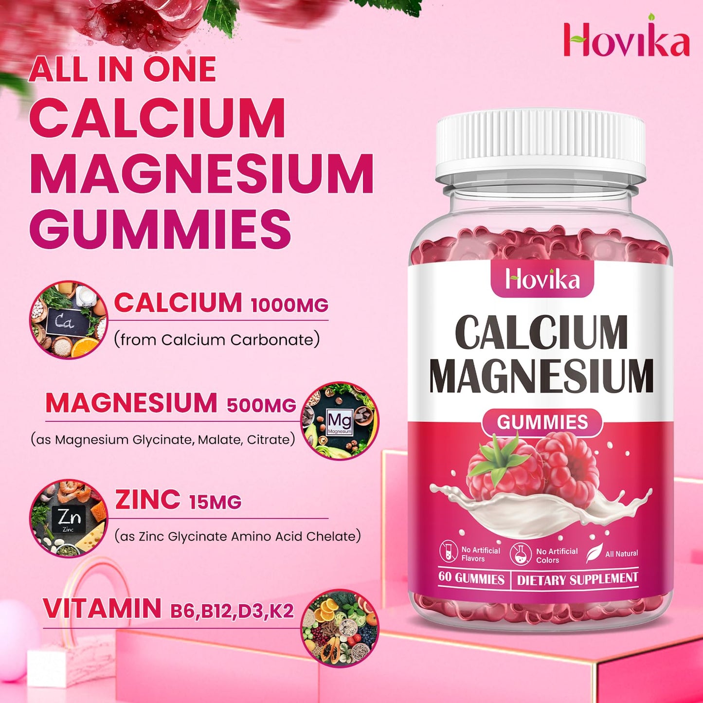Calcium Magnesium Zinc Gummies 2:1 with D3 K2 B6 B12 – Vegan Raspberry 120