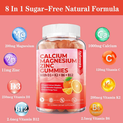Sugar Free Calcium Magnesium Zinc Gummies with Vitamin D3 & B12 – Immune Support (120 Count)