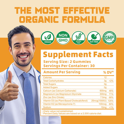 Calcium Magnesium Zinc Gummies with Vitamin D3 & K2 - High Potency, Enhanced Absorption - 120 Orange Gummies