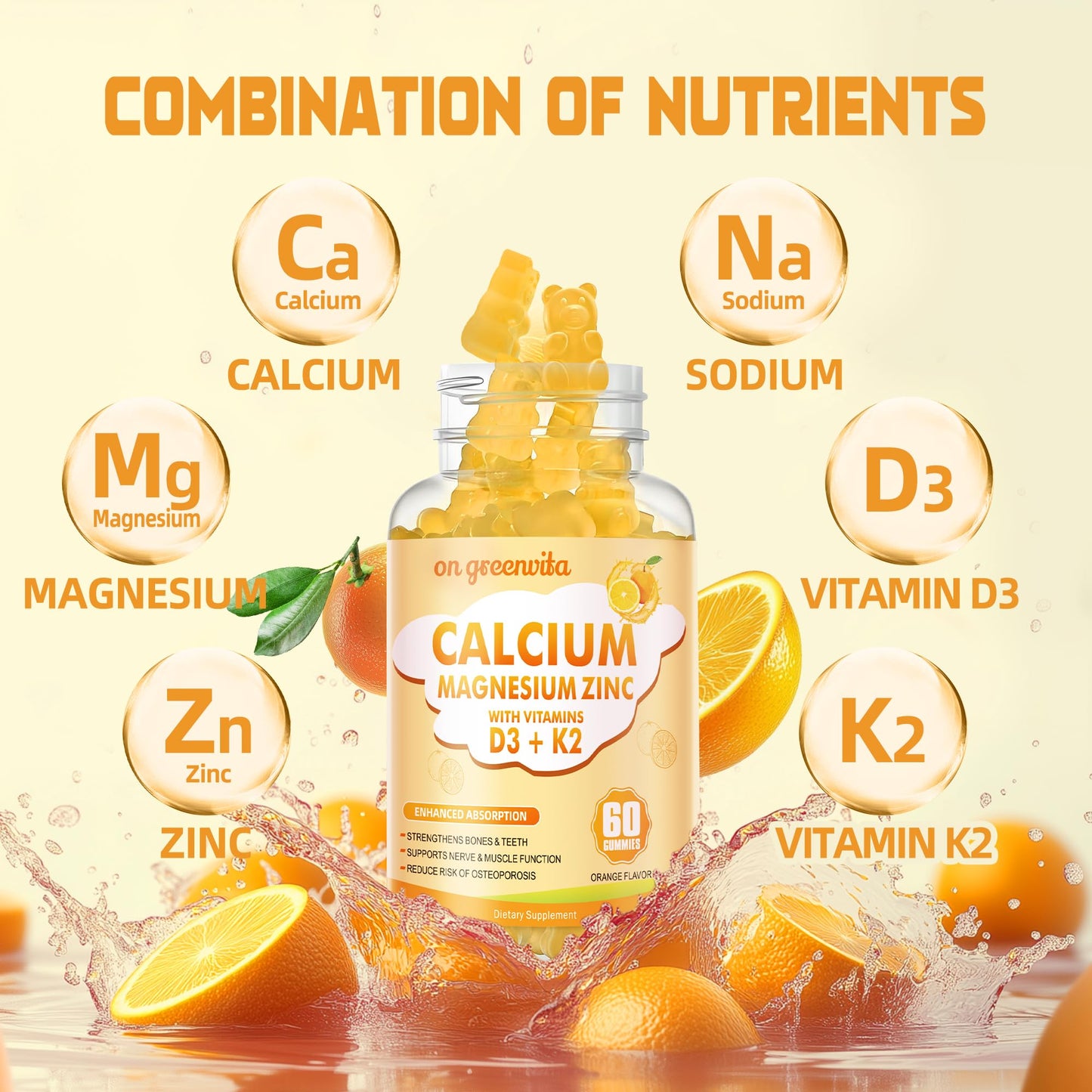 Calcium Magnesium Zinc Gummies with Vitamin D3 & K2 - High Potency, Enhanced Absorption - 120 Orange Gummies