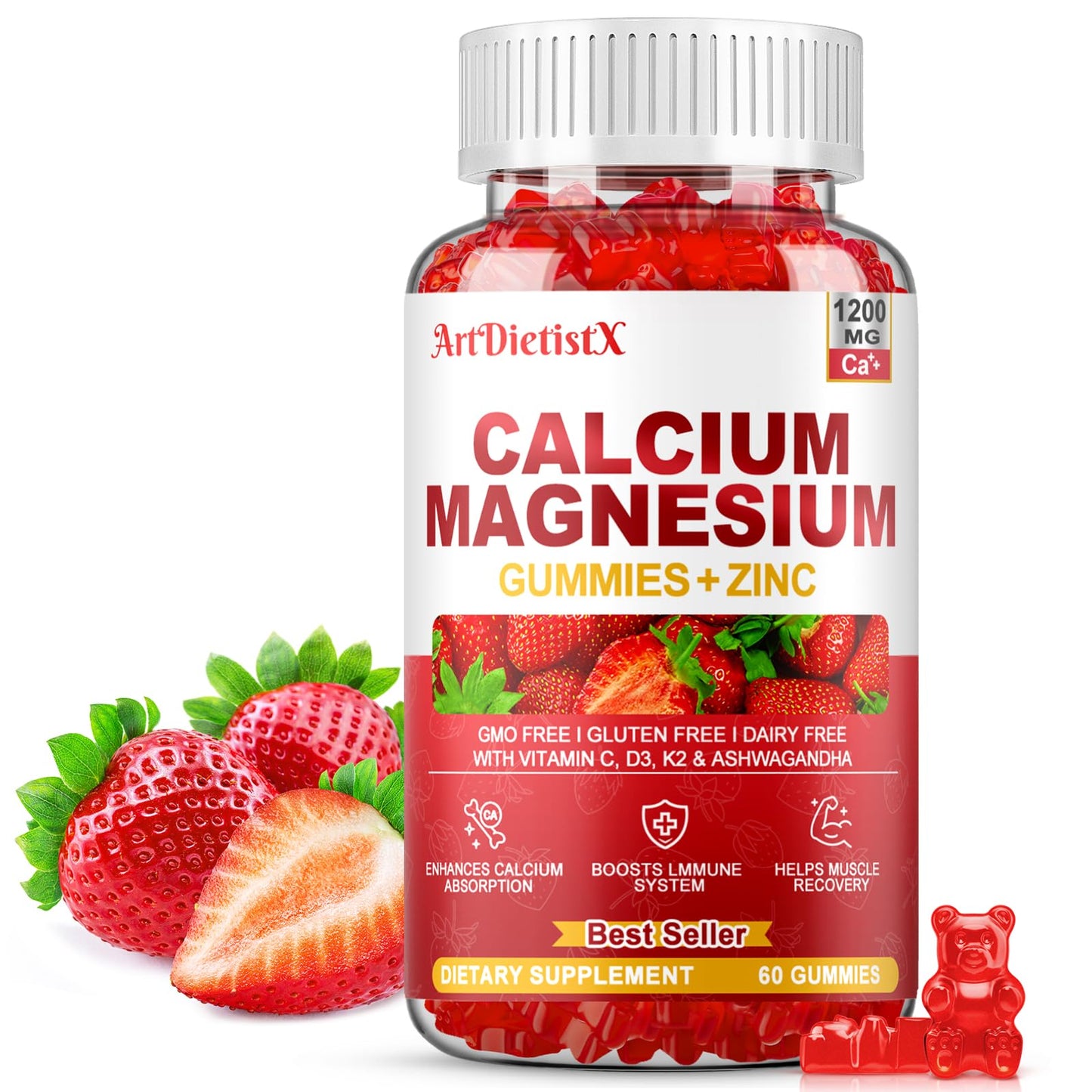 Calcium Magnesium Zinc Gummies with Vitamin D3 for Adults - 1200mg Calcium Citrate, K2, Boron, Copper, Ashwagandha | 60 Count