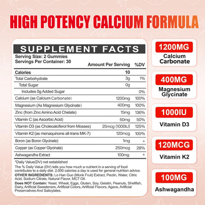Calcium Magnesium Zinc Gummies with Vitamin D3 for Adults - 1200mg Calcium Citrate, K2, Boron, Copper, Ashwagandha | 60 Count