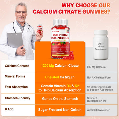 Calcium Magnesium Zinc Gummies with Vitamin D3 for Adults - 1200mg Calcium Citrate, K2, Boron, Copper, Ashwagandha | 60 Count