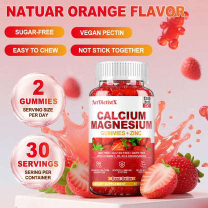 Calcium Magnesium Zinc Gummies with Vitamin D3 for Adults - 1200mg Calcium Citrate, K2, Boron, Copper, Ashwagandha | 60 Count