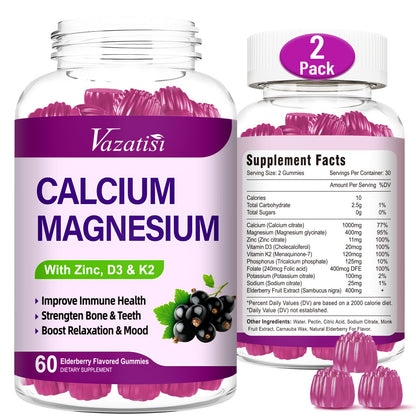 Calcium Magnesium Zinc Gummies with Vitamin D3 & K2 – High Absorption, Vegan Elderberry 120 Gummies