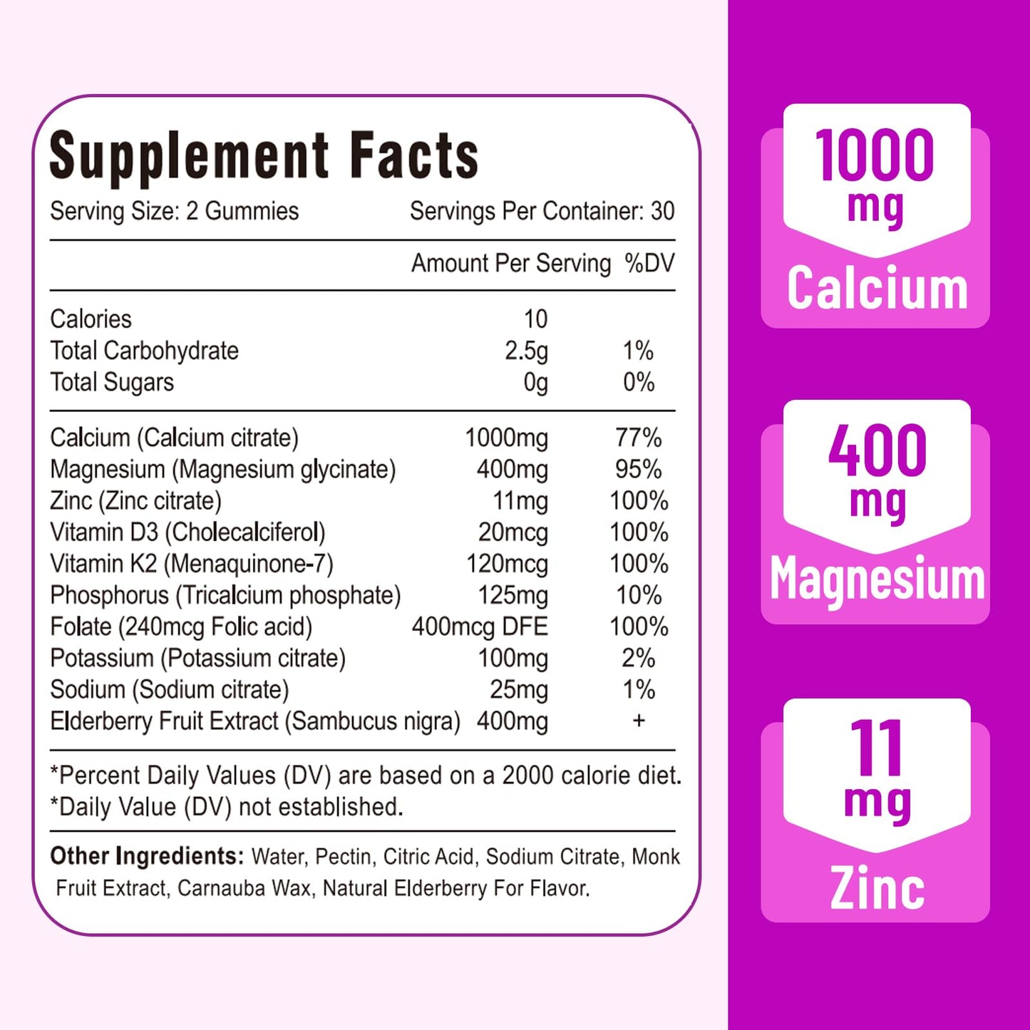 Calcium Magnesium Zinc Gummies with Vitamin D3 & K2 – High Absorption, Vegan Elderberry 120 Gummies