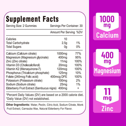 Calcium Magnesium Zinc Gummies with Vitamin D3 & K2 – High Absorption, Vegan Elderberry 120 Gummies