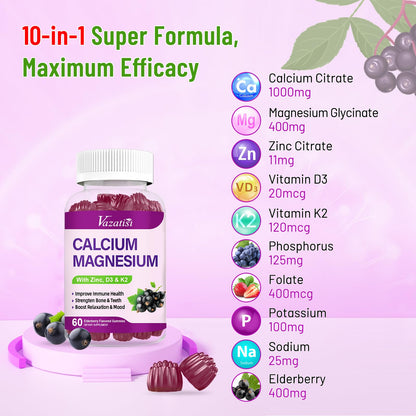 Calcium Magnesium Zinc Gummies with Vitamin D3 & K2 – High Absorption, Vegan Elderberry 120 Gummies