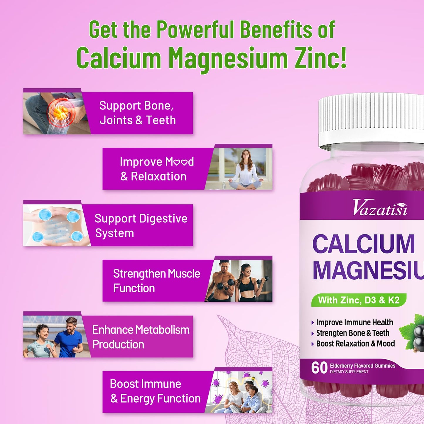 Calcium Magnesium Zinc Gummies with Vitamin D3 & K2 – High Absorption, Vegan Elderberry 120 Gummies