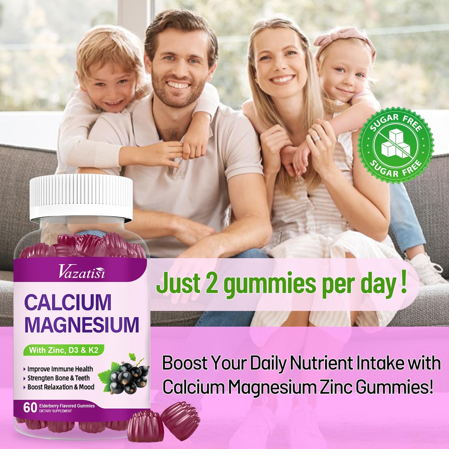 Calcium Magnesium Zinc Gummies with Vitamin D3 & K2 – High Absorption, Vegan Elderberry 120 Gummies