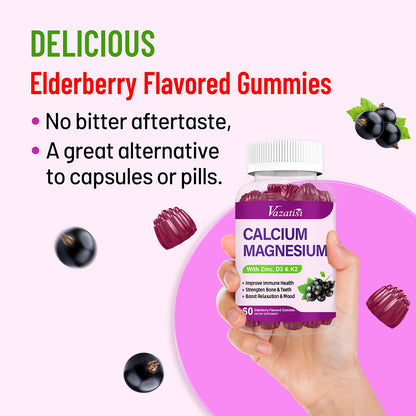 Calcium Magnesium Zinc Gummies with Vitamin D3 & K2 – High Absorption, Vegan Elderberry 120 Gummies