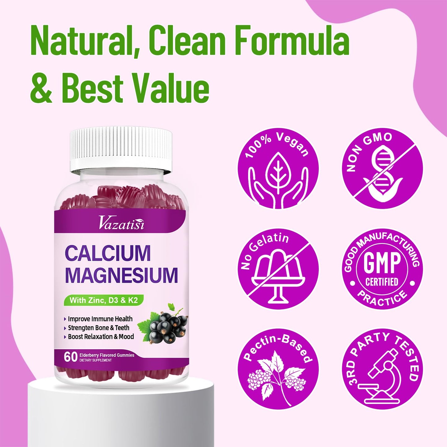 Calcium Magnesium Zinc Gummies with Vitamin D3 & K2 – High Absorption, Vegan Elderberry 120 Gummies