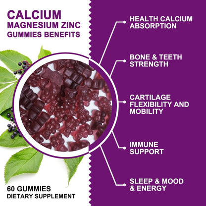 Calcium Magnesium Zinc Gummies 2:1 Plant Complex | High Absorption Mg Glycinate 300mg + D3 Sea Moss | Vegan 2-Pack