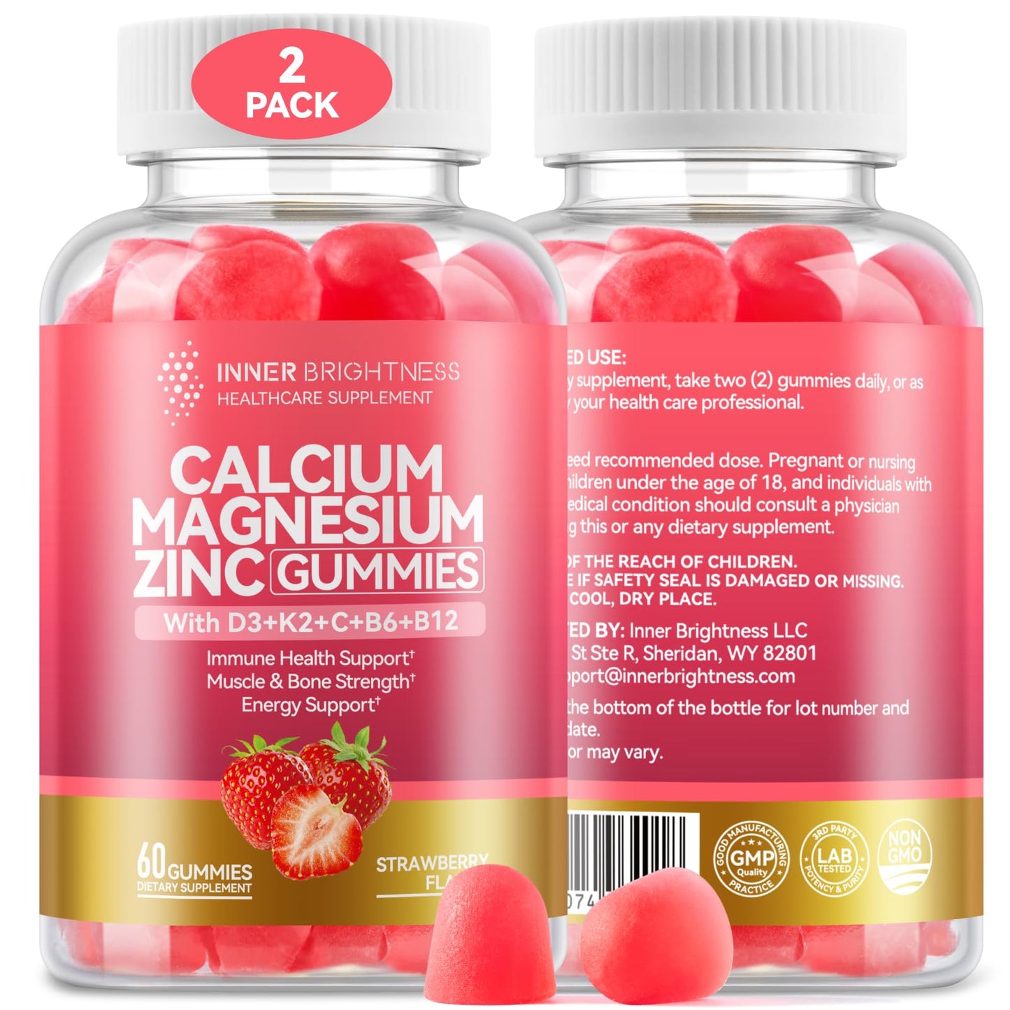 2-Pack Calcium Magnesium Zinc Gummies with D3, K2, B12 & B6 – Bone & Immune Support