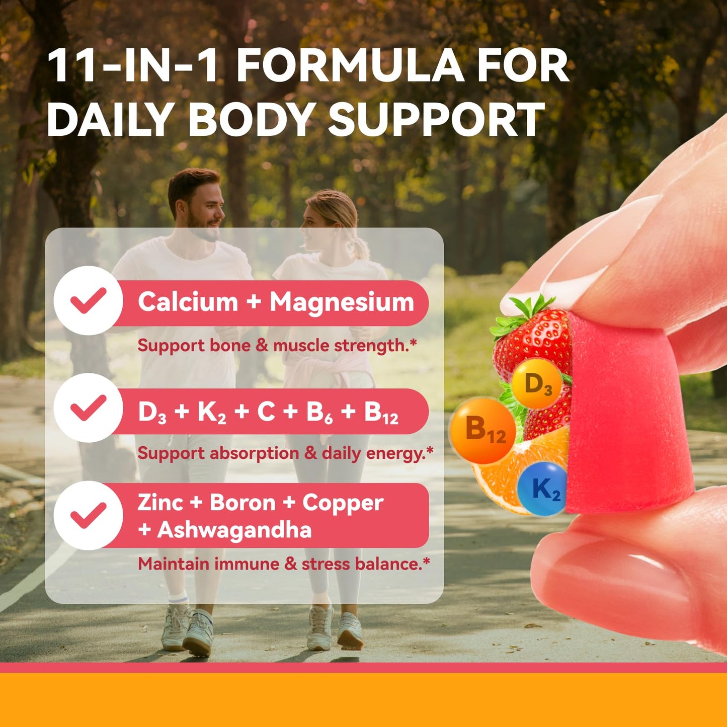 2-Pack Calcium Magnesium Zinc Gummies with D3, K2, B12 & B6 – Bone & Immune Support