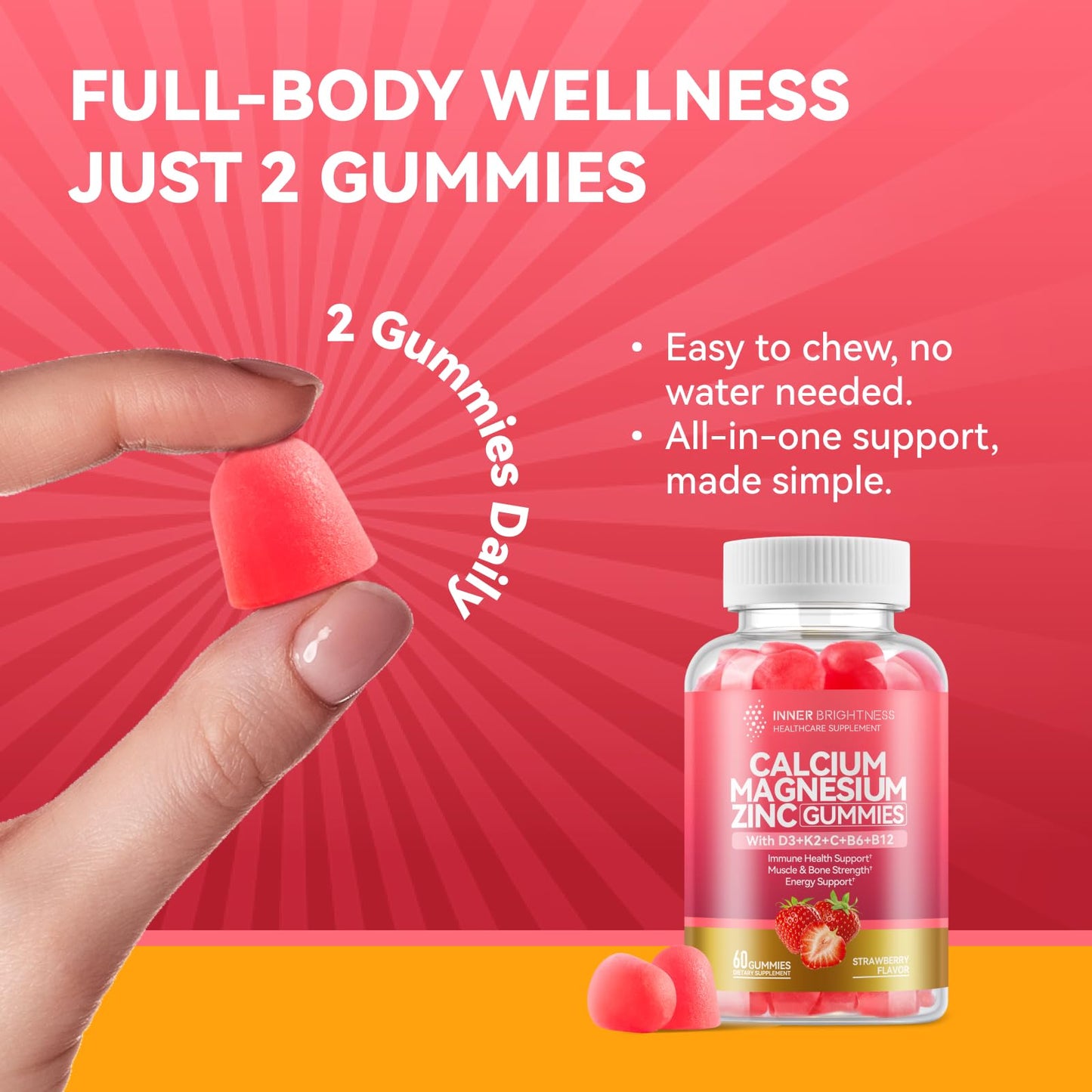 2-Pack Calcium Magnesium Zinc Gummies with D3, K2, B12 & B6 – Bone & Immune Support