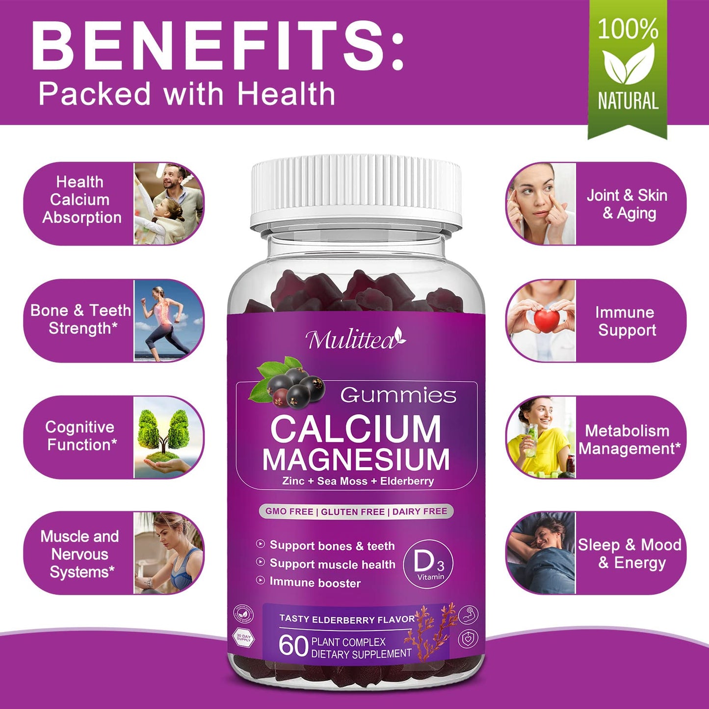 Calcium Magnesium Zinc Gummies with 200mg Magnesium Glycinate – Potassium, D3 & Sea Moss
