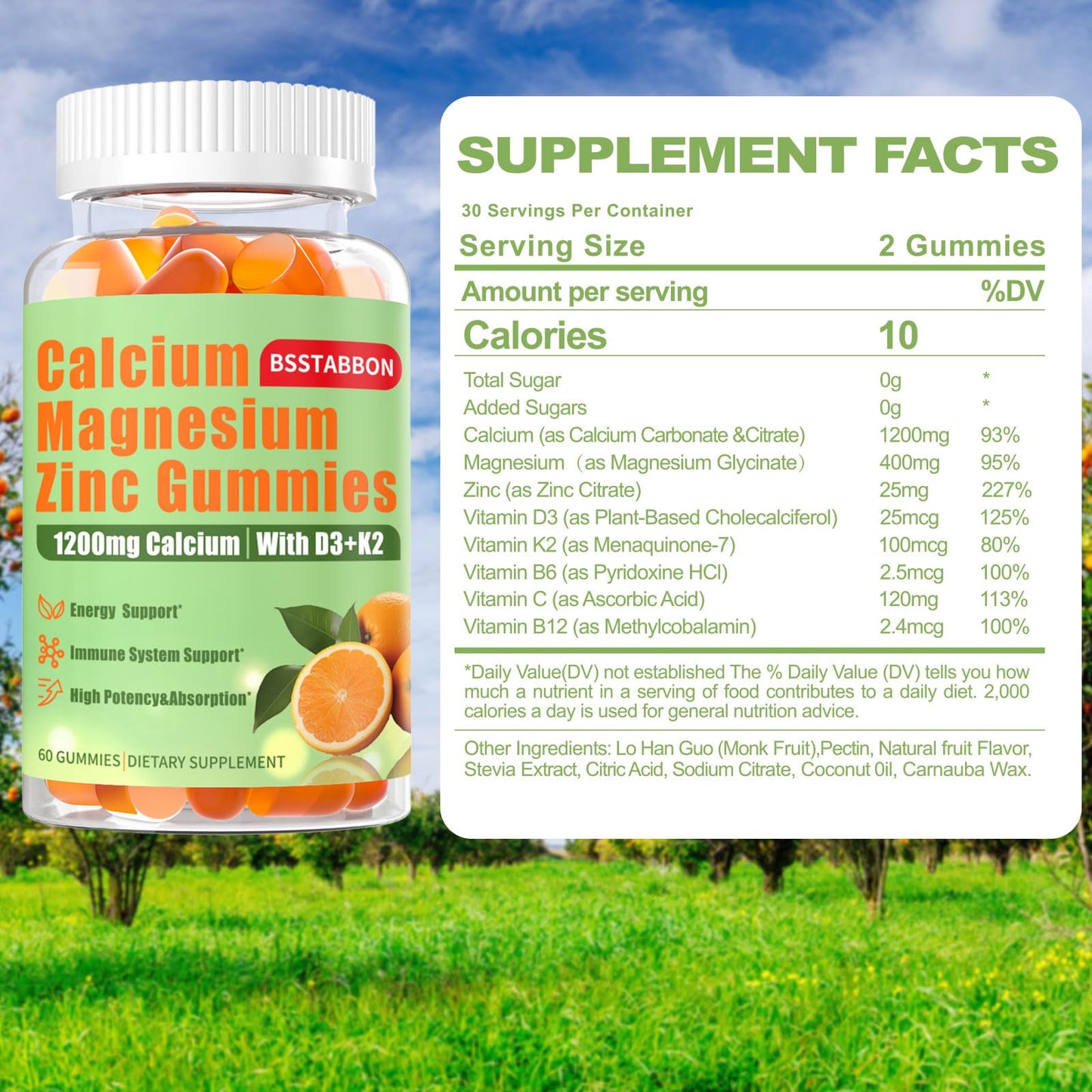 Calcium Magnesium Zinc Gummies for Adults – 1200mg Calcium Citrate, 400mg Magnesium Glycinate, D3 & B12 – Sugar Free High Absorption (60 Count Pack of 2)