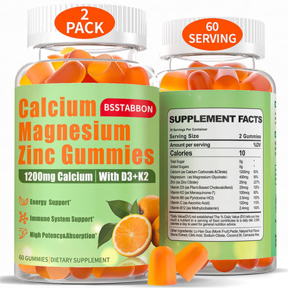 Calcium Magnesium Zinc Gummies for Adults – 1200mg Calcium Citrate, 400mg Magnesium Glycinate, D3 & B12 – Sugar Free High Absorption (60 Count Pack of 2)