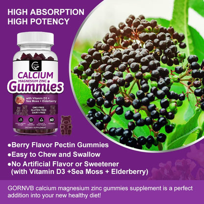 Calcium Magnesium Zinc Gummies 2:1 Plant Complex | High Absorption Mg Glycinate 300mg + D3 Sea Moss | Vegan 2-Pack