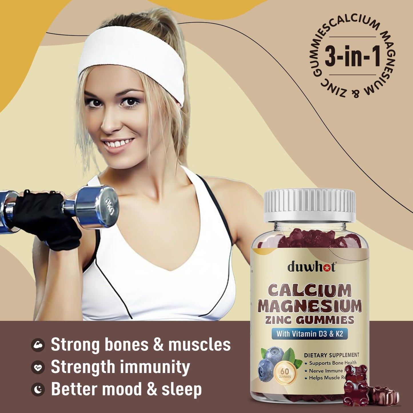 Calcium Magnesium Zinc Gummies for Women - 1000 mg, D3 & K2, 60 Ct