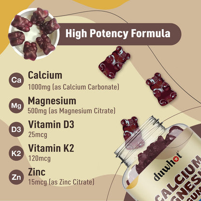 Calcium Magnesium Zinc Gummies for Women - 1000 mg, D3 & K2, 60 Ct