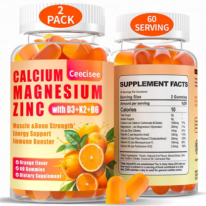 Calcium Magnesium Zinc Gummies with D3, B6 & K2 – 1000mg Calcium, 300mg Magnesium, Sugar Free (120 Count)