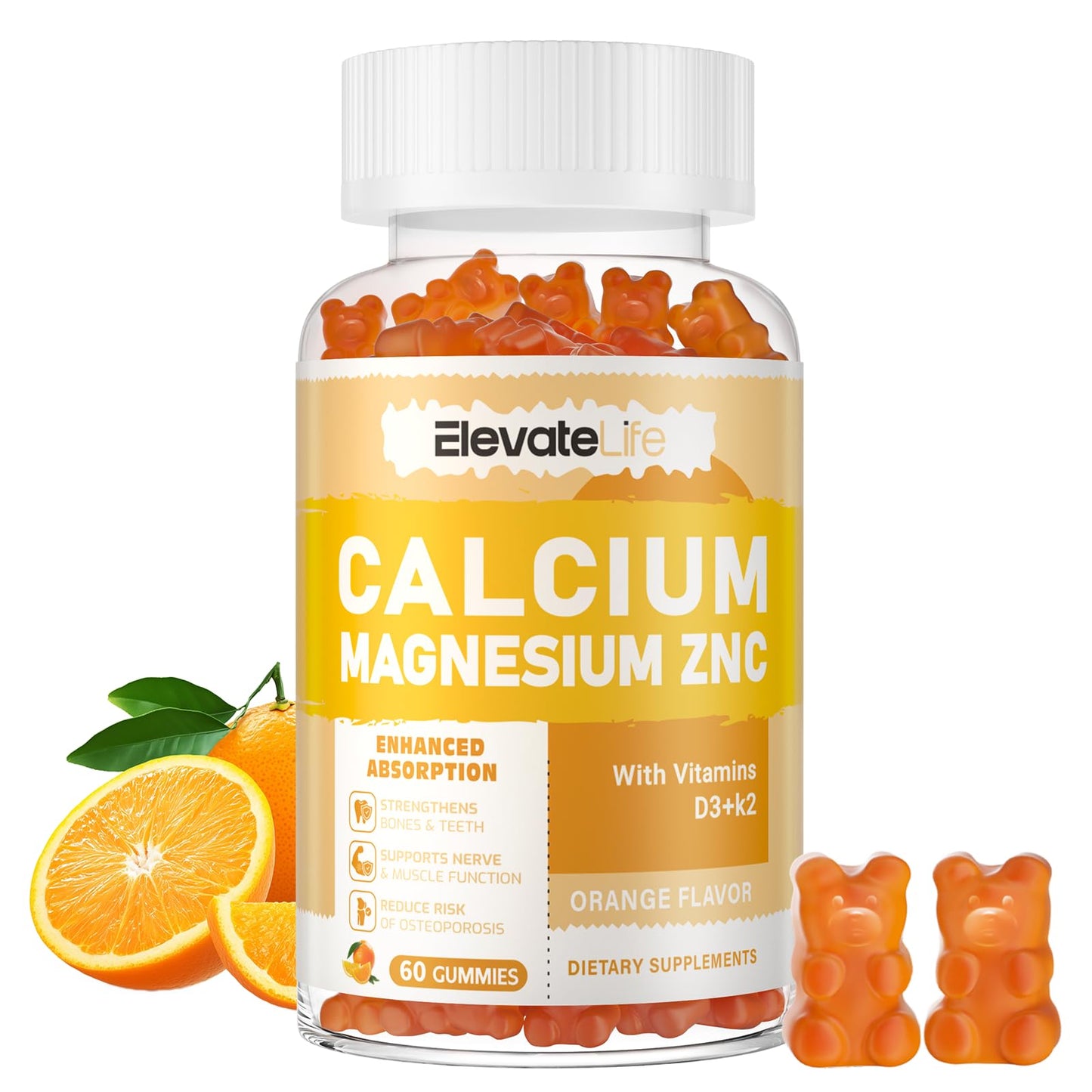 Calcium Magnesium Zinc Gummies with Vitamin D3 & K2 - High Potency, Orange-60 Count