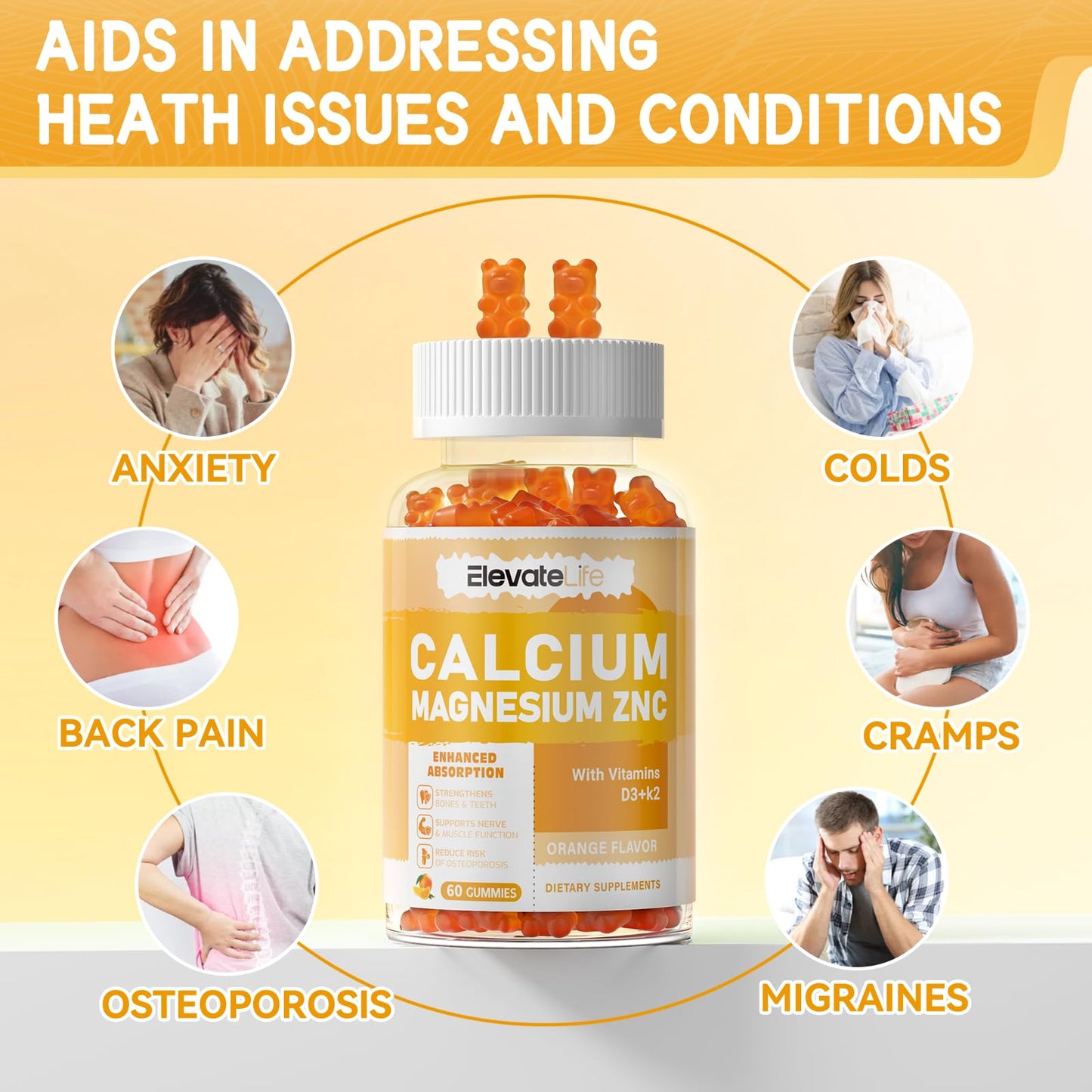 Calcium Magnesium Zinc Gummies with Vitamin D3 & K2 - High Potency, Orange-60 Count