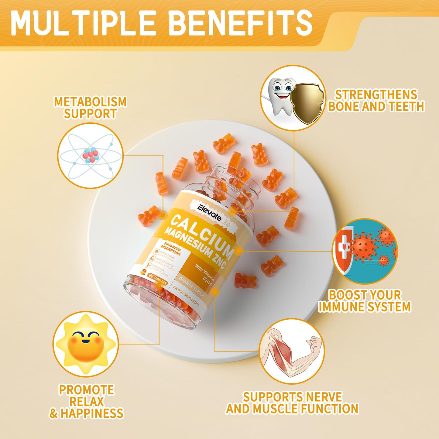 Calcium Magnesium Zinc Gummies with Vitamin D3 & K2 - High Potency, Orange-60 Count