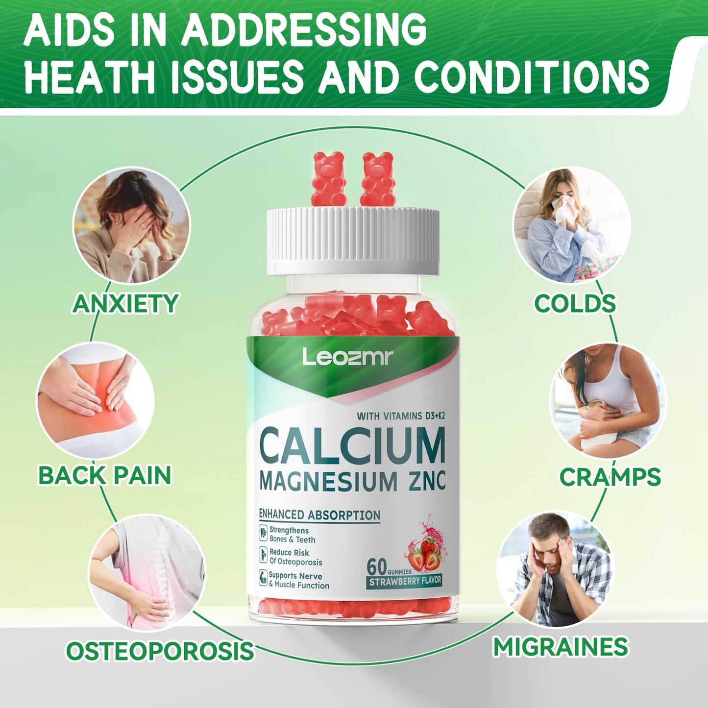 Calcium Magnesium Zinc Gummies with Vitamin D3 & K2 - High Potency, Enhanced Absorption - 120 Strawberry Gummies