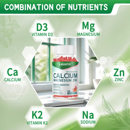 Calcium Magnesium Zinc Gummies with Vitamin D3 & K2 - High Potency, Enhanced Absorption - 120 Strawberry Gummies