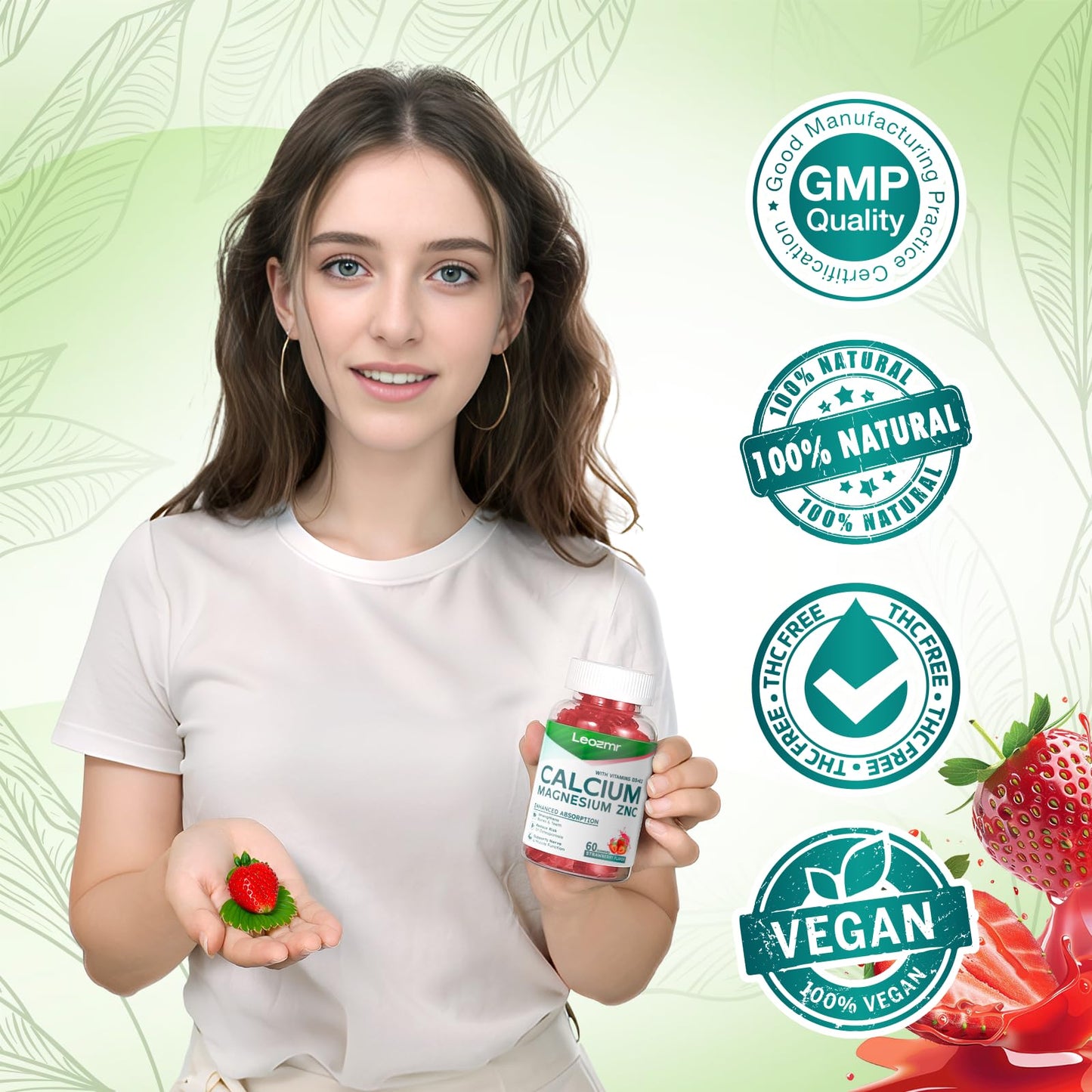 Calcium Magnesium Zinc Gummies with Vitamin D3 & K2 - High Potency, Enhanced Absorption - 120 Strawberry Gummies