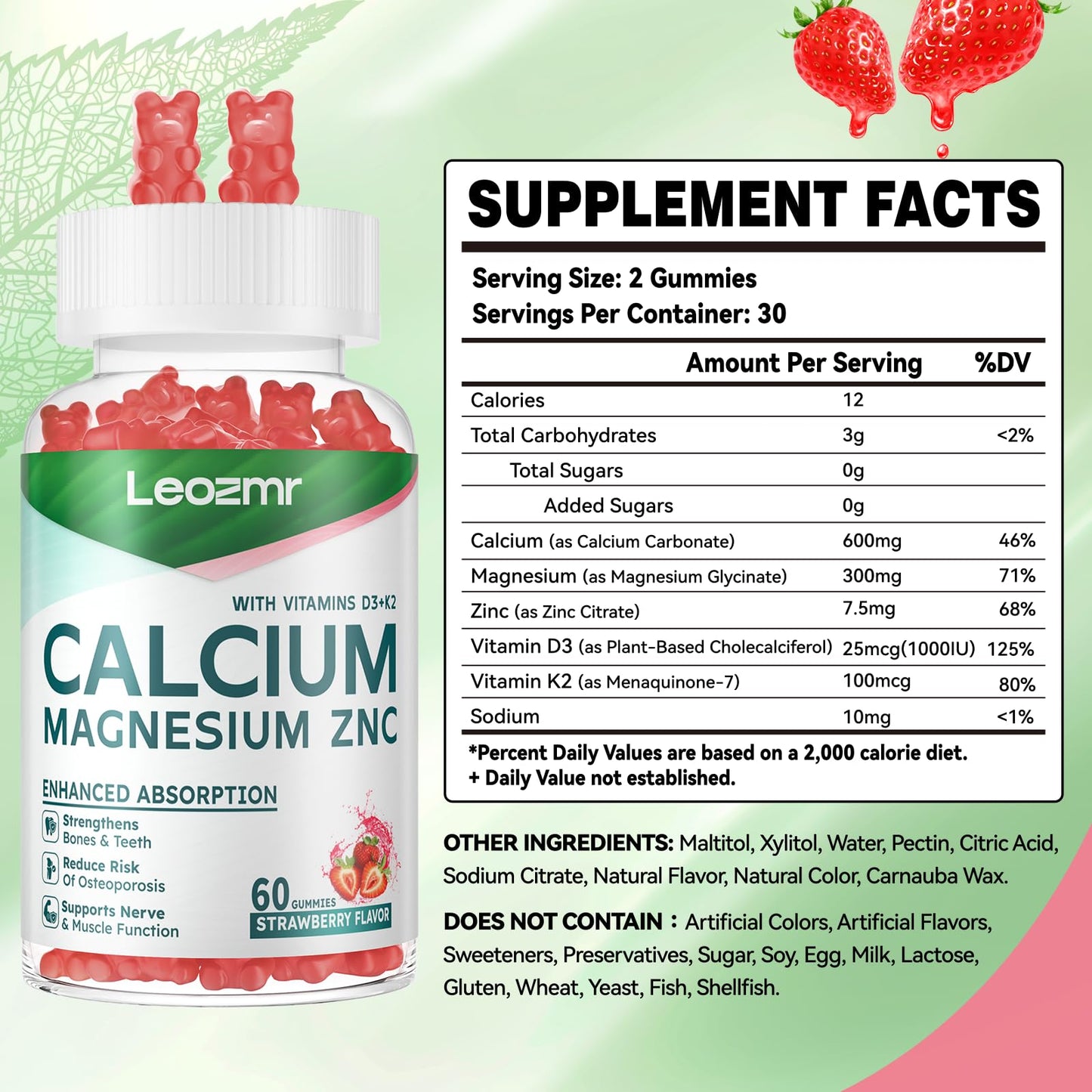 Calcium Magnesium Zinc Gummies with Vitamin D3 & K2 - High Potency, Enhanced Absorption - 120 Strawberry Gummies