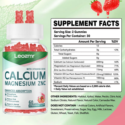 Calcium Magnesium Zinc Gummies with Vitamin D3 & K2 - High Potency, Enhanced Absorption - 120 Strawberry Gummies
