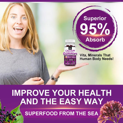 Calcium Magnesium Zinc Gummies 2:1 Plant Complex | High Absorption Mg Glycinate 300mg + D3 Sea Moss | Vegan 2-Pack