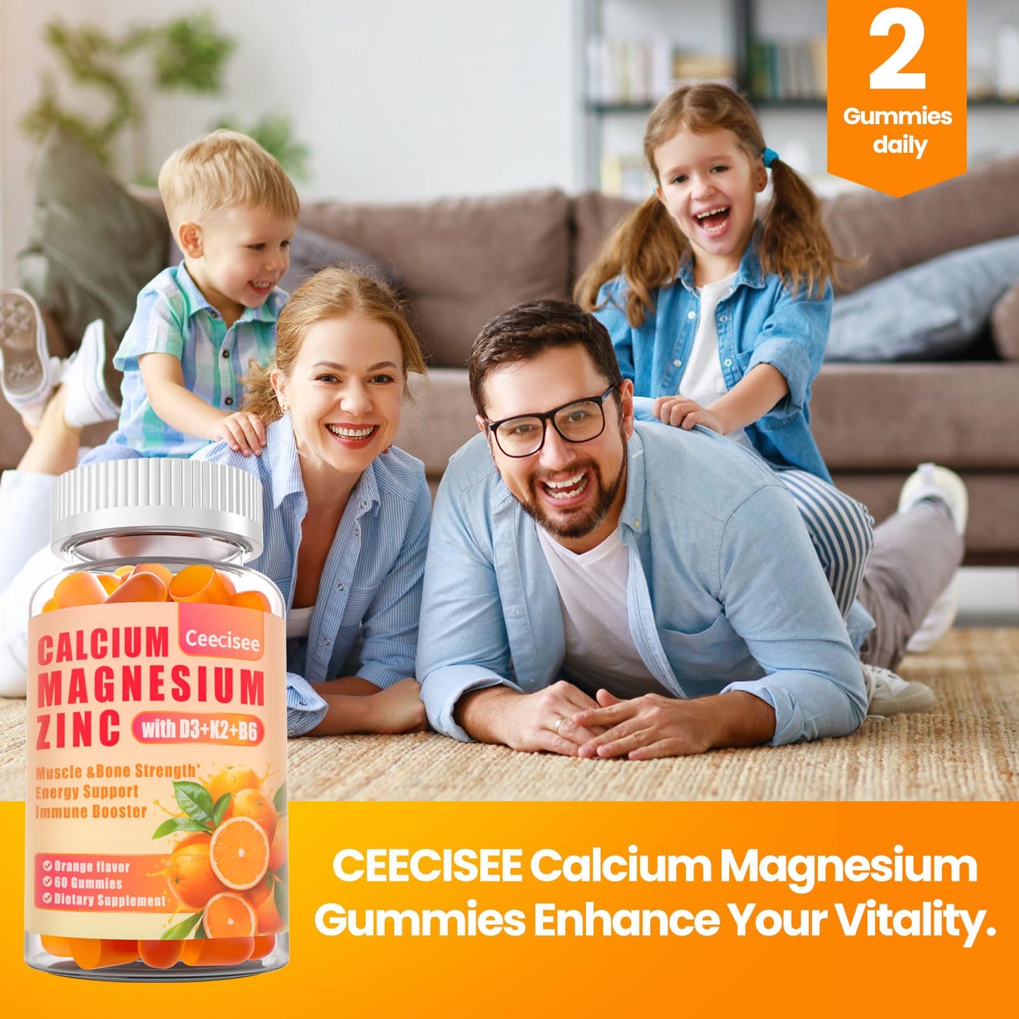 Calcium Magnesium Zinc Gummies with D3, B6 & K2 – 1000mg Calcium, 300mg Magnesium, Sugar Free (120 Count)