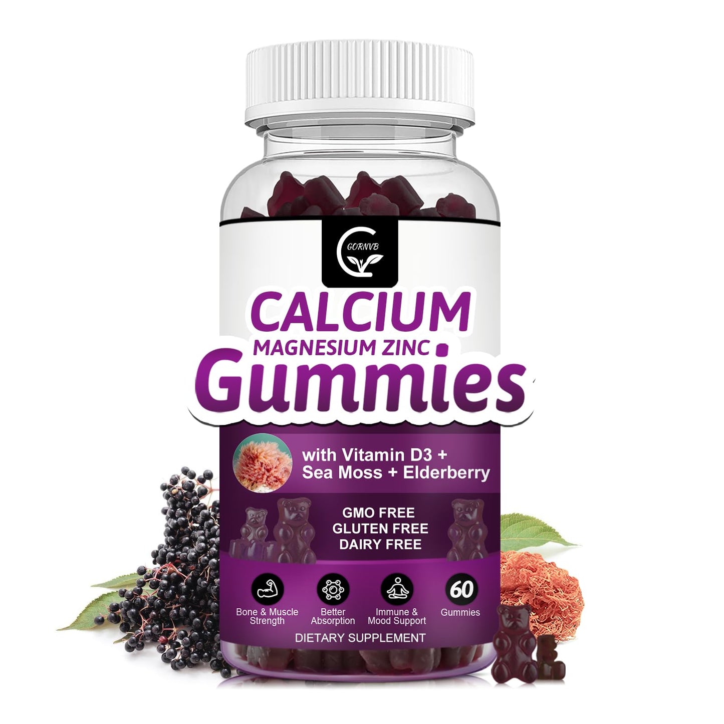Calcium Magnesium Zinc Gummies 2:1 Plant Complex | High Absorption Mg Glycinate 300mg + D3 Sea Moss | Vegan 2-Pack