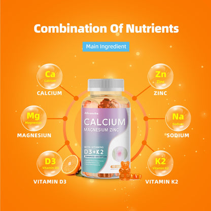 Calcium Magnesium Zinc Gummies with Vitamin D3 & K2 – High Potency Orange 60 Gummies