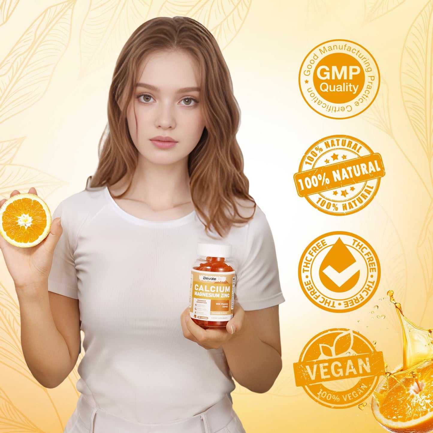 Calcium Magnesium Zinc Gummies with Vitamin D3 & K2 - High Potency, Orange-60 Count