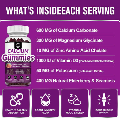 Calcium Magnesium Zinc Gummies 2:1 Plant Complex | High Absorption Mg Glycinate 300mg + D3 Sea Moss | Vegan 2-Pack